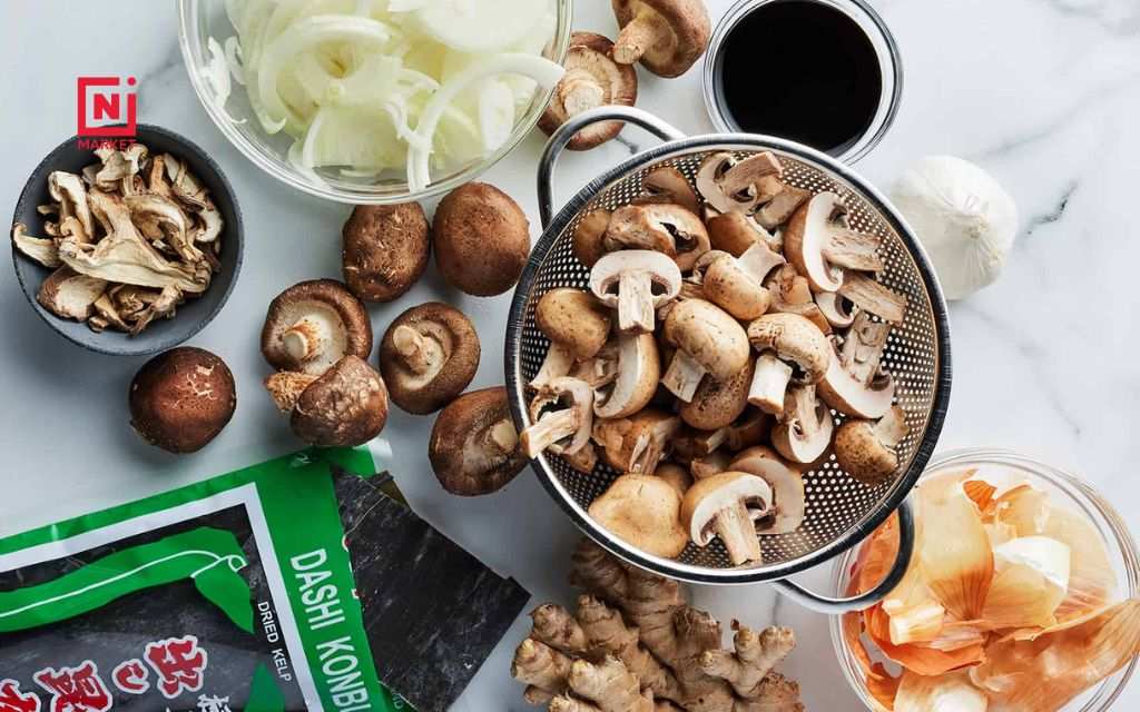 Fresh and dried mushroom varieties available at Ni Market grocery store in Denver
