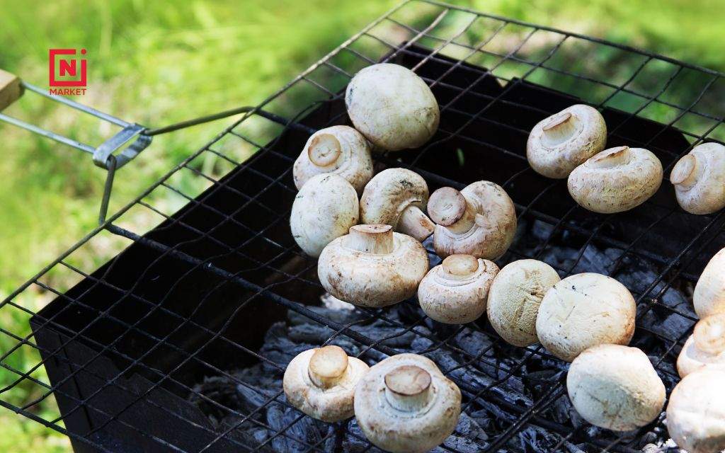 Marinated mushrooms in balsamic garlic marinade ready for outdoor grilling