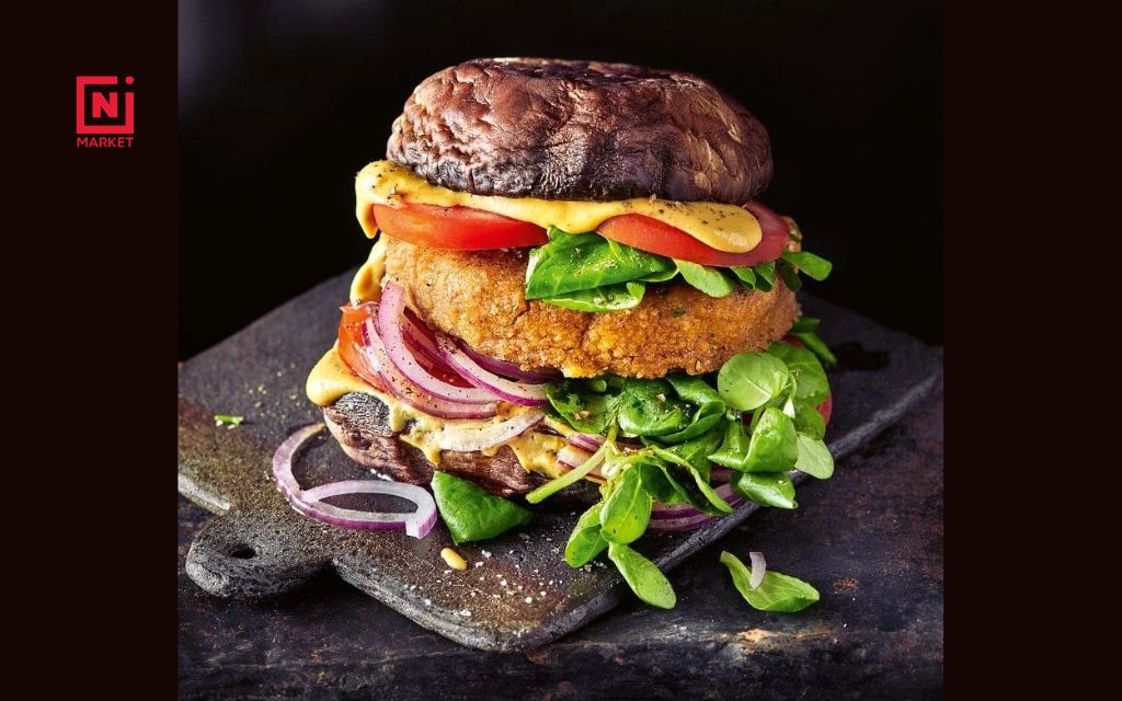 Burger portobello features mature Agaricus bisporus mushroom caps, large and brown with a firm texture