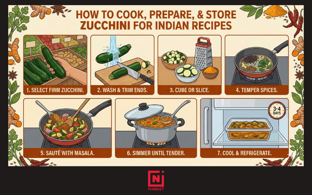 7 Steps in Basic stovetop cooking method - zucchini indian recipe