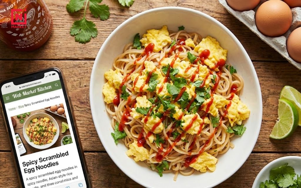 Asian style rice noodles with scrambled eggs cilantro and sriracha sauce