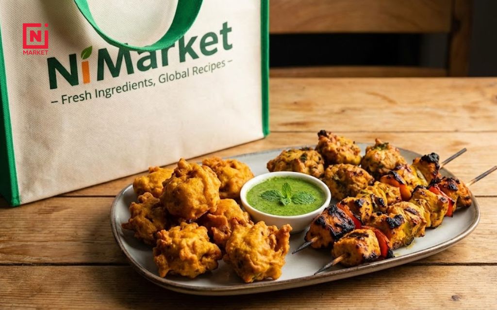 Assorted chicken appetizers indian style including pakora and tikka with mint chutney