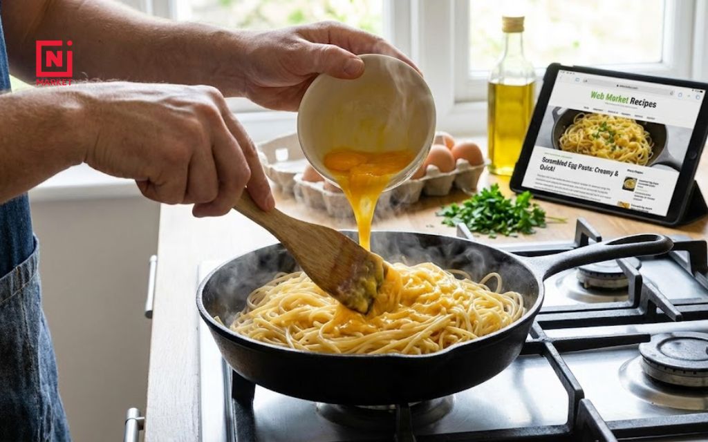 Cooking scrambled egg pasta by stirring eggs into hot noodles in pan