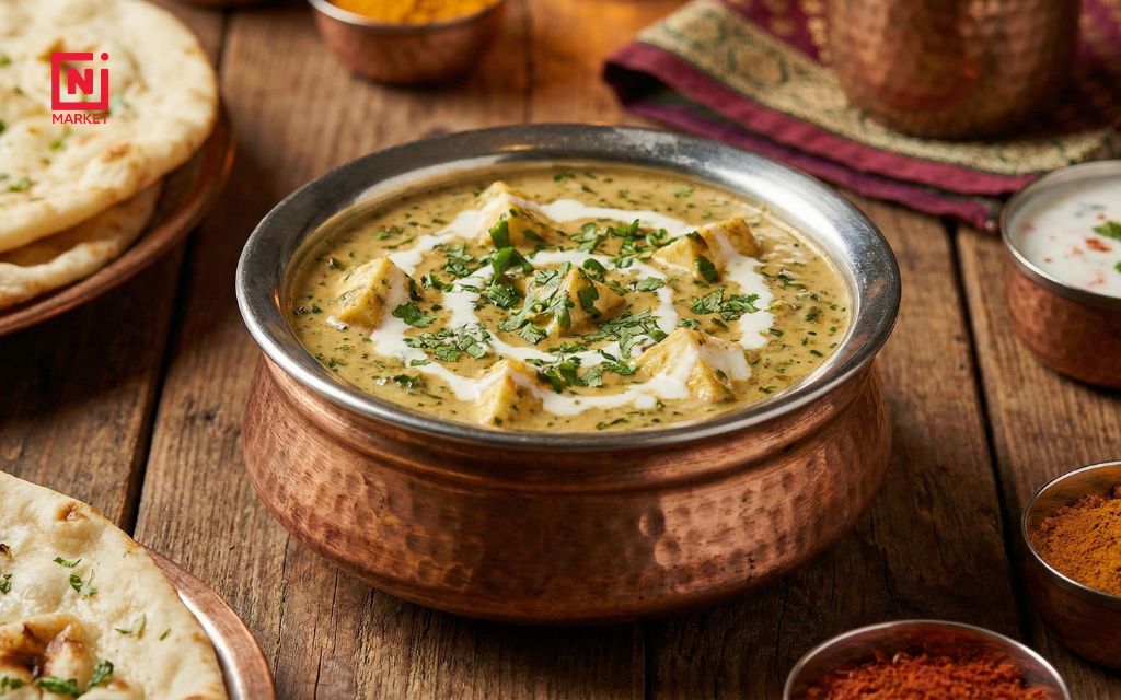 Creamy methi malai paneer garnished with fresh coriander in traditional copper bowl