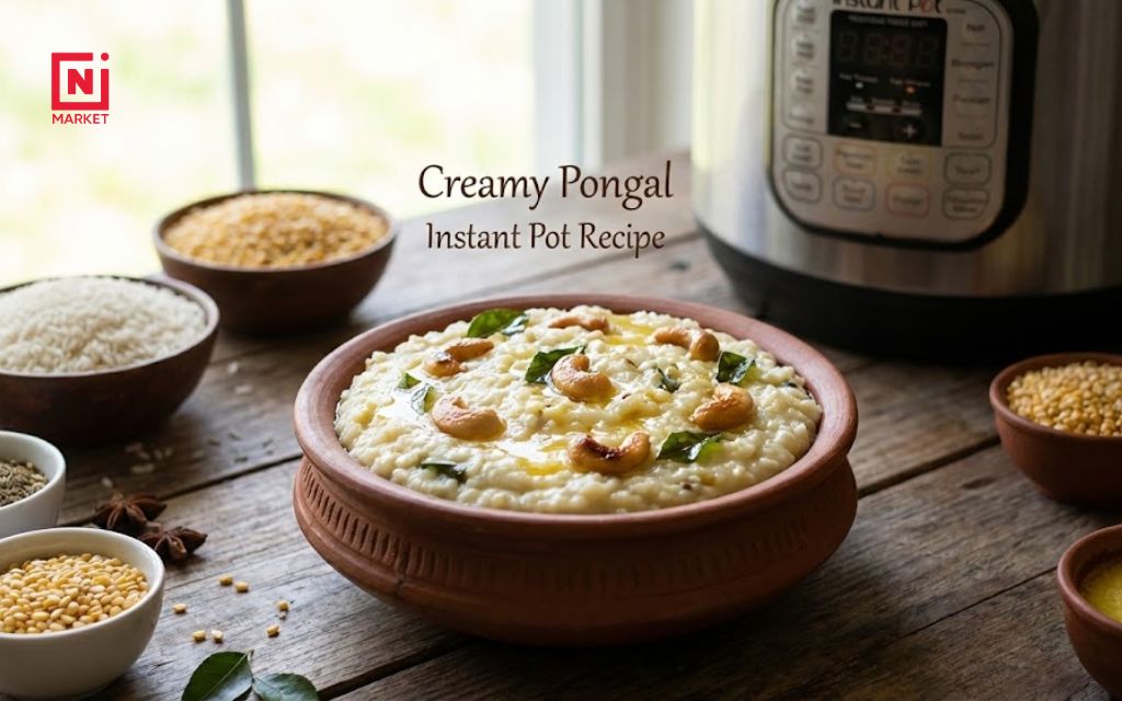 Creamy pongal instant pot recipe served in traditional bowl with ghee and cashews