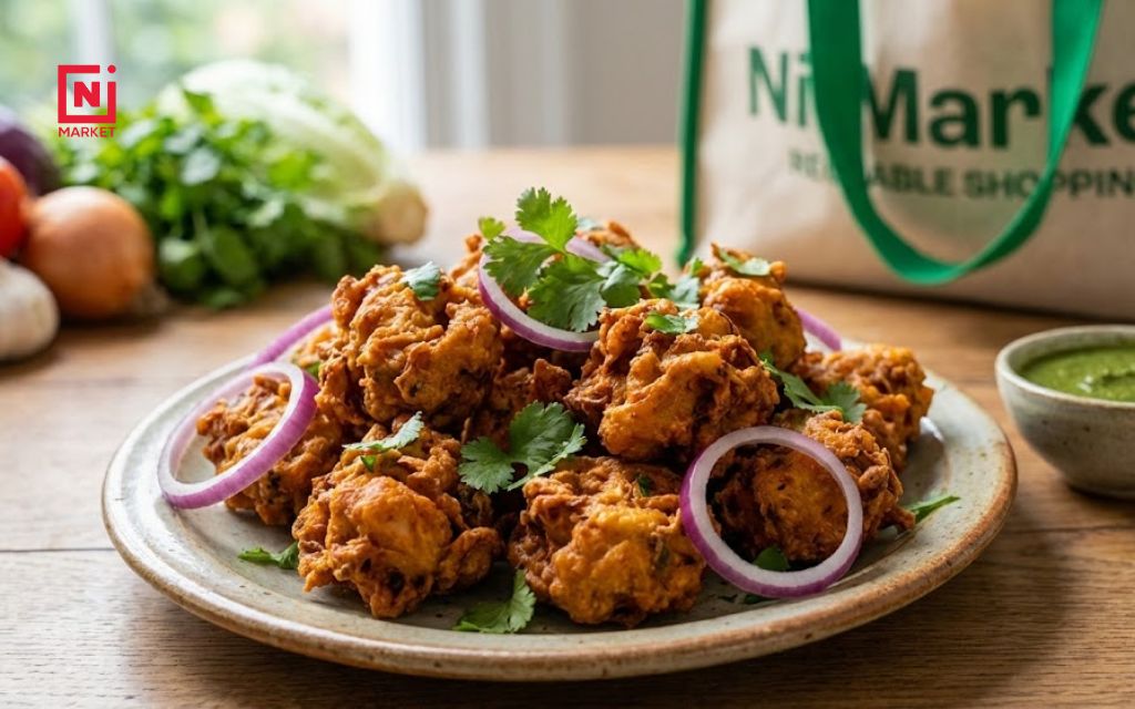 Crispy chicken pakora indian appetizer garnished with fresh cilantro