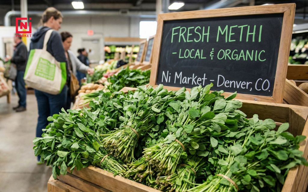 Fresh green methi leaves (fenugreek) available at Ni Market Denver