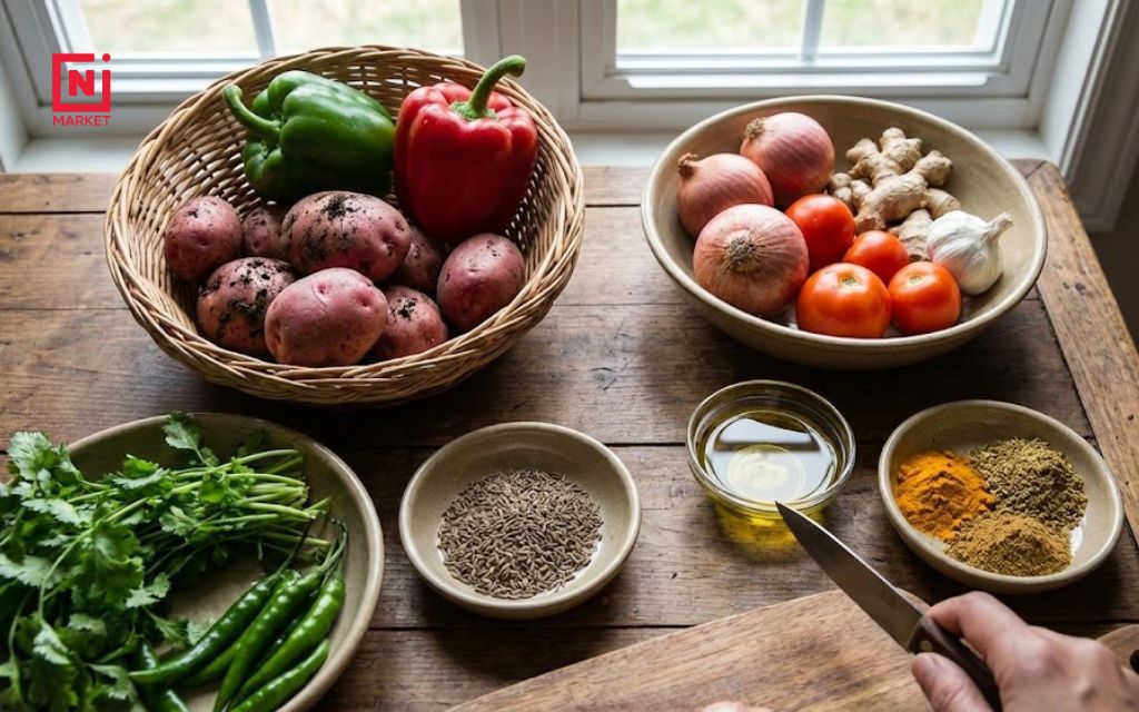 Fresh ingredients for aloo capsicum sabzi including potatoes and capsicum