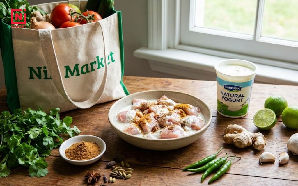 Fresh ingredients for indian chicken appetizers including garam masala and yogurt