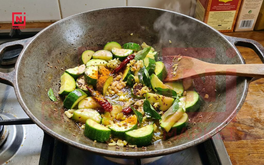 Fresh zucchini is cooked with traditional Indian aromatics