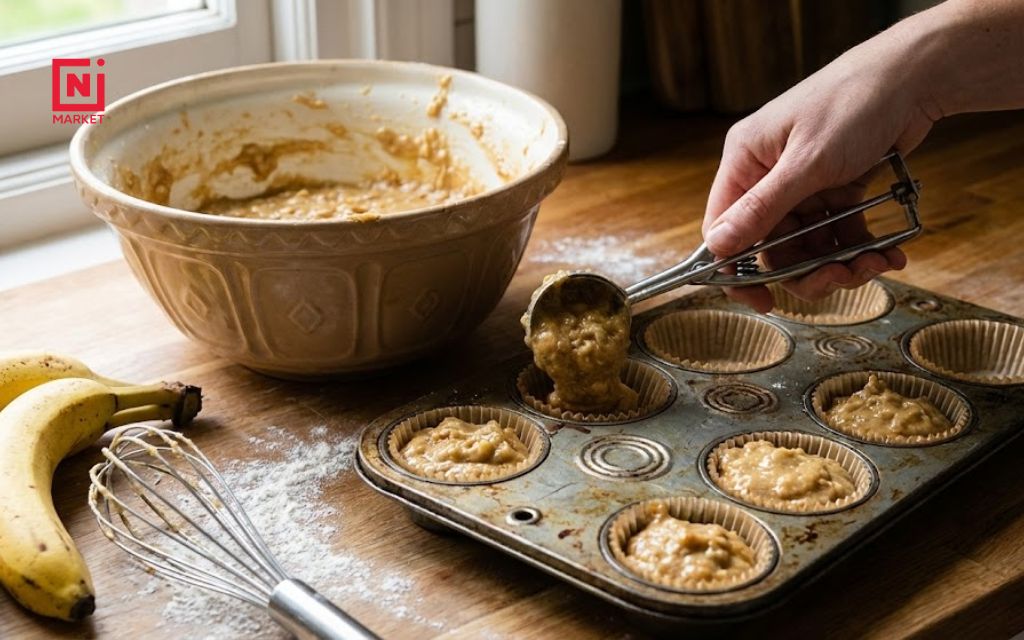 One bowl eggless banana muffins batter being portioned into muffin tin