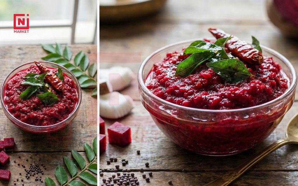 Homemade beetroot chutney in bowl with curry leaves from Ni Market Denver