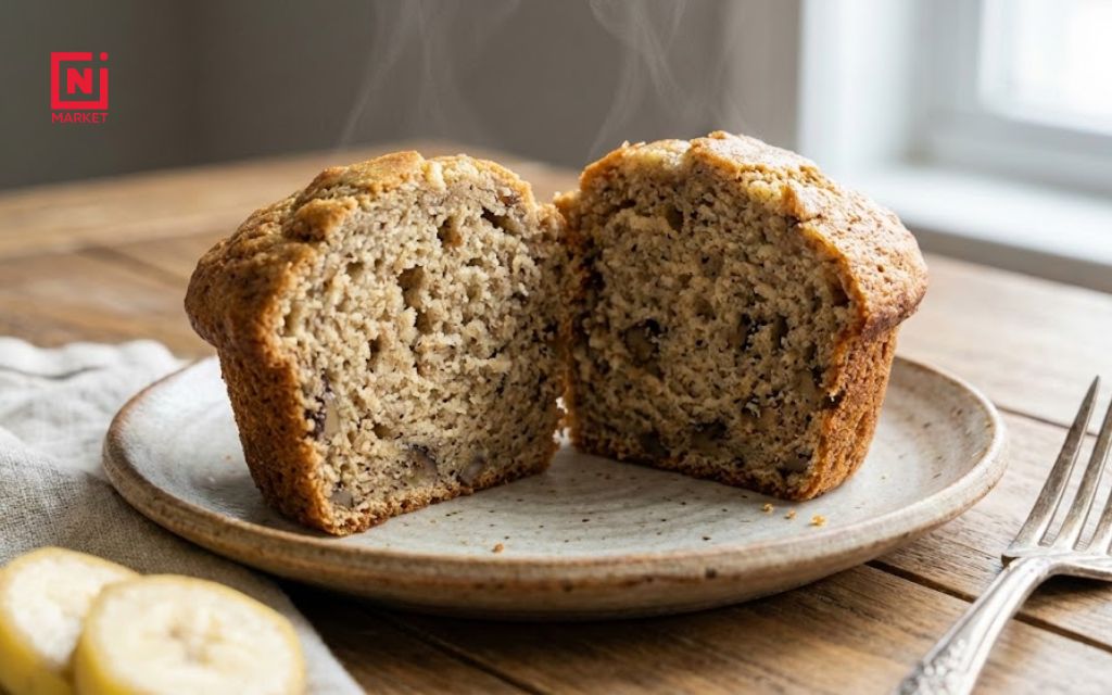 Moist eggless banana muffin cross section showing tender crumb texture