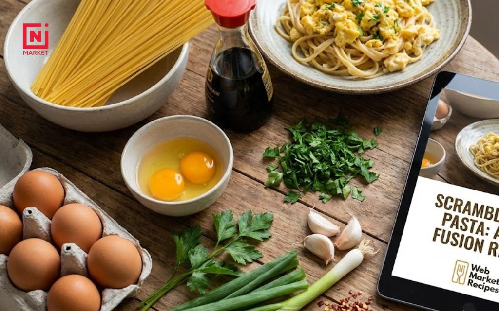 Scrambled egg pasta ingredients including eggs spaghetti soy sauce and fresh aromatics