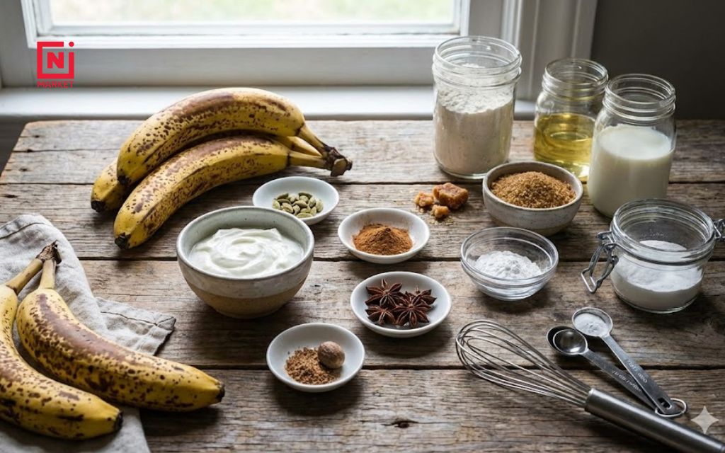 Ingredients for eggless banana muffins with yogurt including ripe bananas and Asian spices