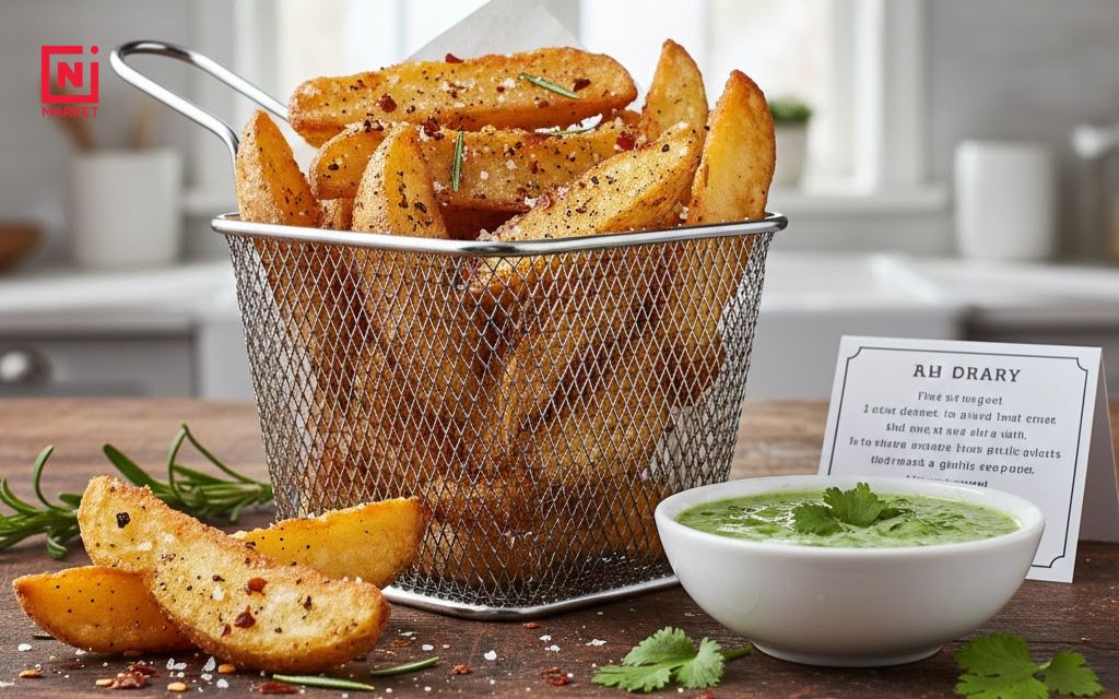 Extra crispy fried potato wedges served with chili-garlic dipping sauce