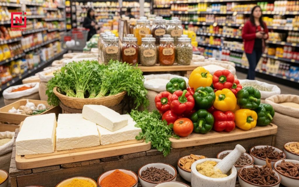 Fresh ingredients for paneer capsicum recipe including paneer, bell peppers, tomatoes, and Indian spices from Ni Market Denver