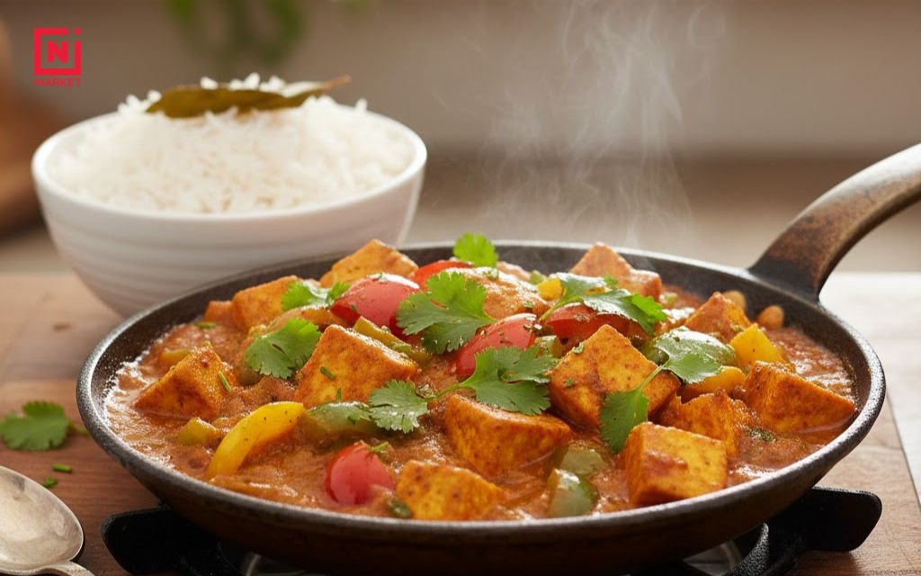 Freshly cooked paneer capsicum sabzi recipe in a pan, garnished with cilantro, served with steamed rice