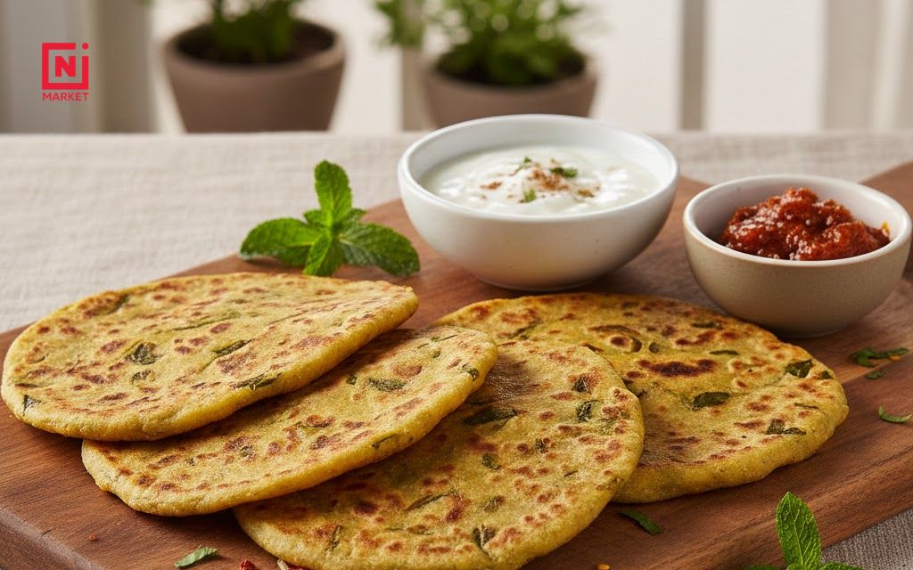 Freshly made methi paratha served with yogurt and pickle on a wooden board