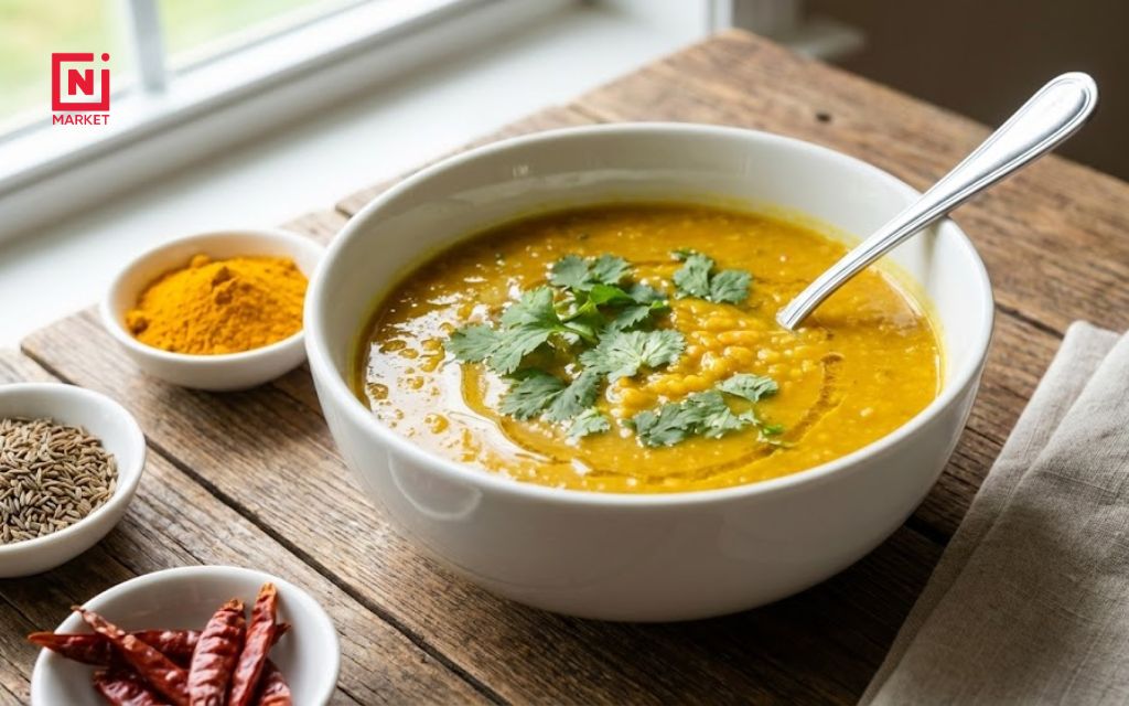 Homemade Indian dal soup with turmeric and fresh cilantro, served in a white bowl