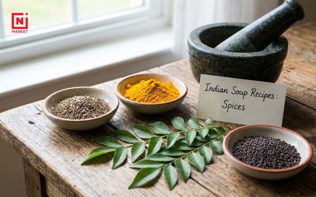 Indian soup recipes: spices including cumin seeds, turmeric, curry leaves, and mustard seeds