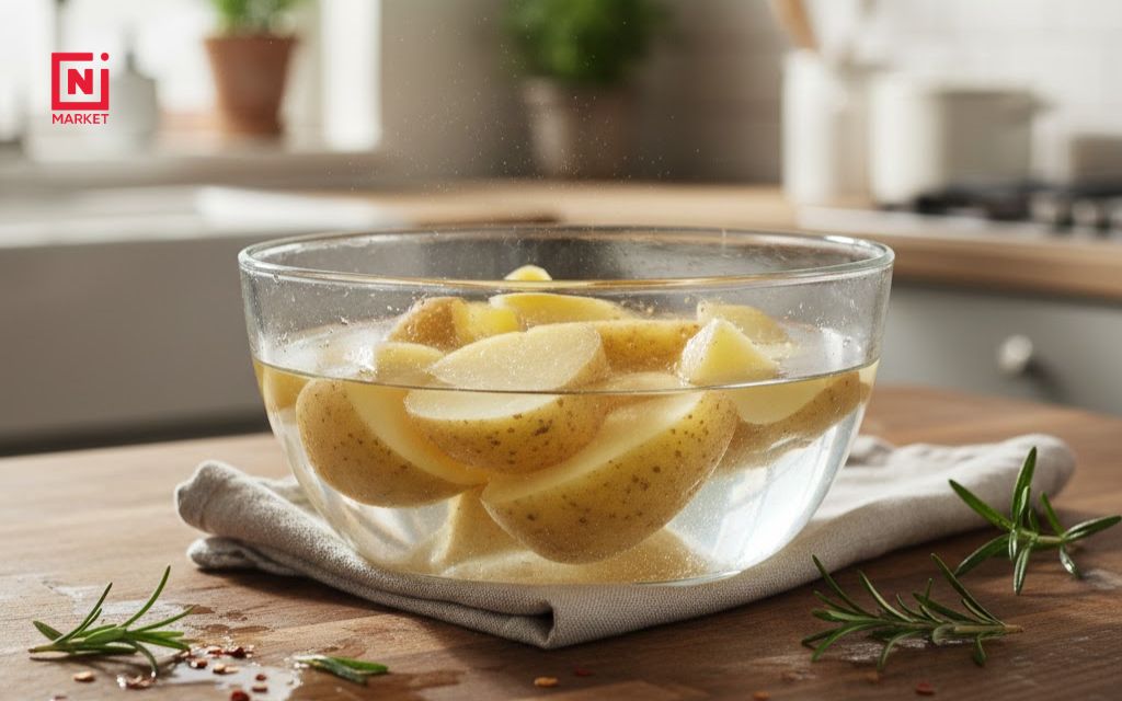 Potato wedges soaking in cold water to remove starch before frying
