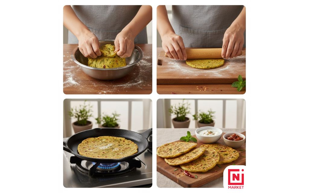 Step-by-step process of making methi paratha at home, from kneading dough to cooking on a griddle
