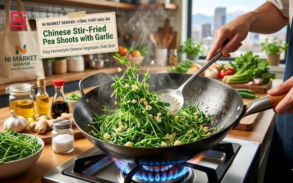 Chinese stir-fried pea shoots with garlic in a hot wok, easy homestyle Chinese vegetable side dish