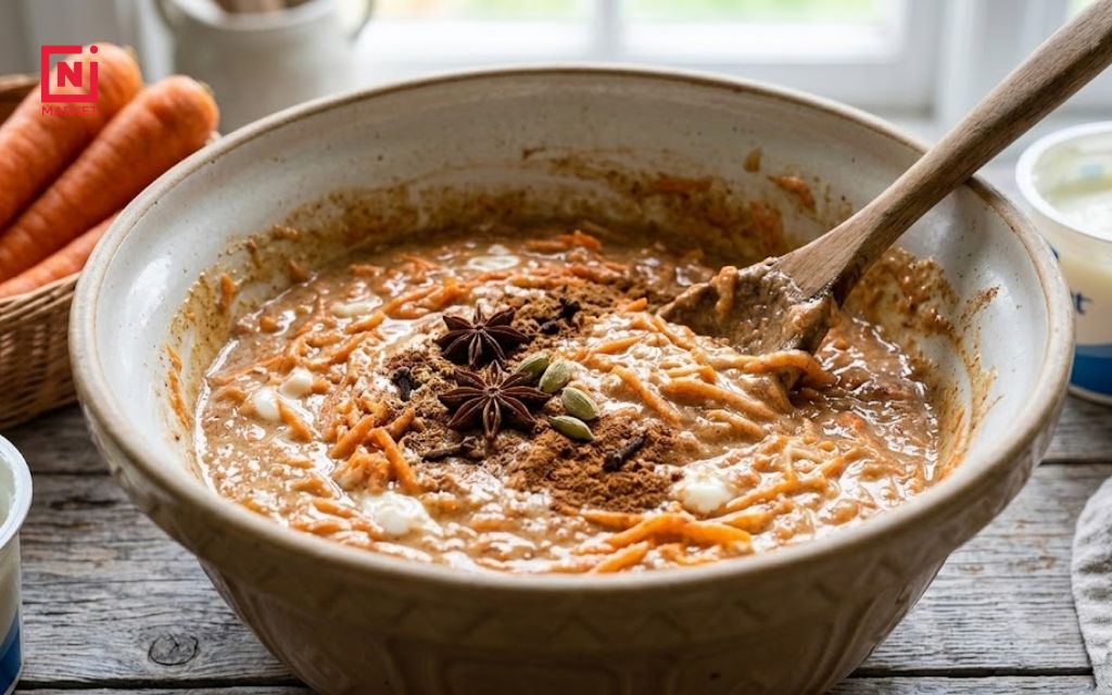 Eggless carrot cake batter with grated carrots, yogurt, and warm chai spices for a moist one-bowl recipe
