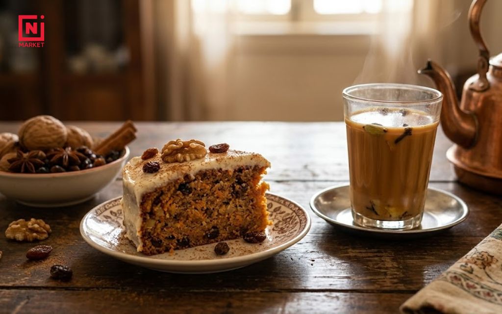 Eggless carrot cake recipe with walnuts, raisins, and chai spices, a popular Indian-style tea-time snack