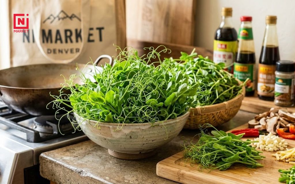 Fresh pea shoots with curly tendrils and bright green leaves, ready for cooking Asian stir-fry recipes